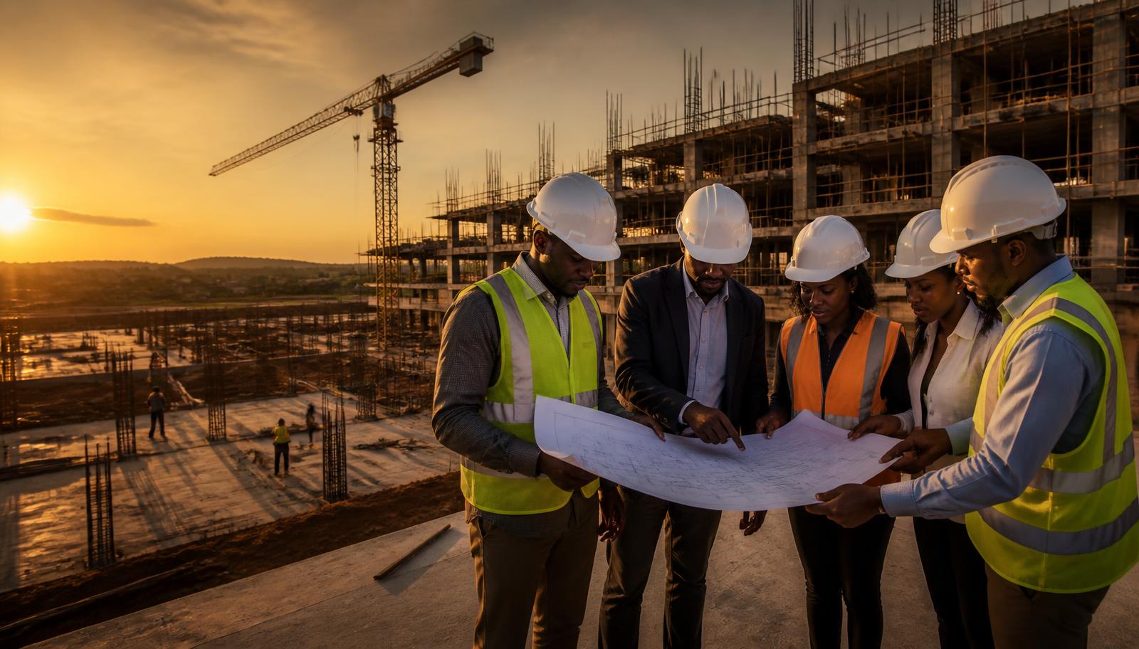 MICANI Constructions engineers reviewing building plans on site at sunset